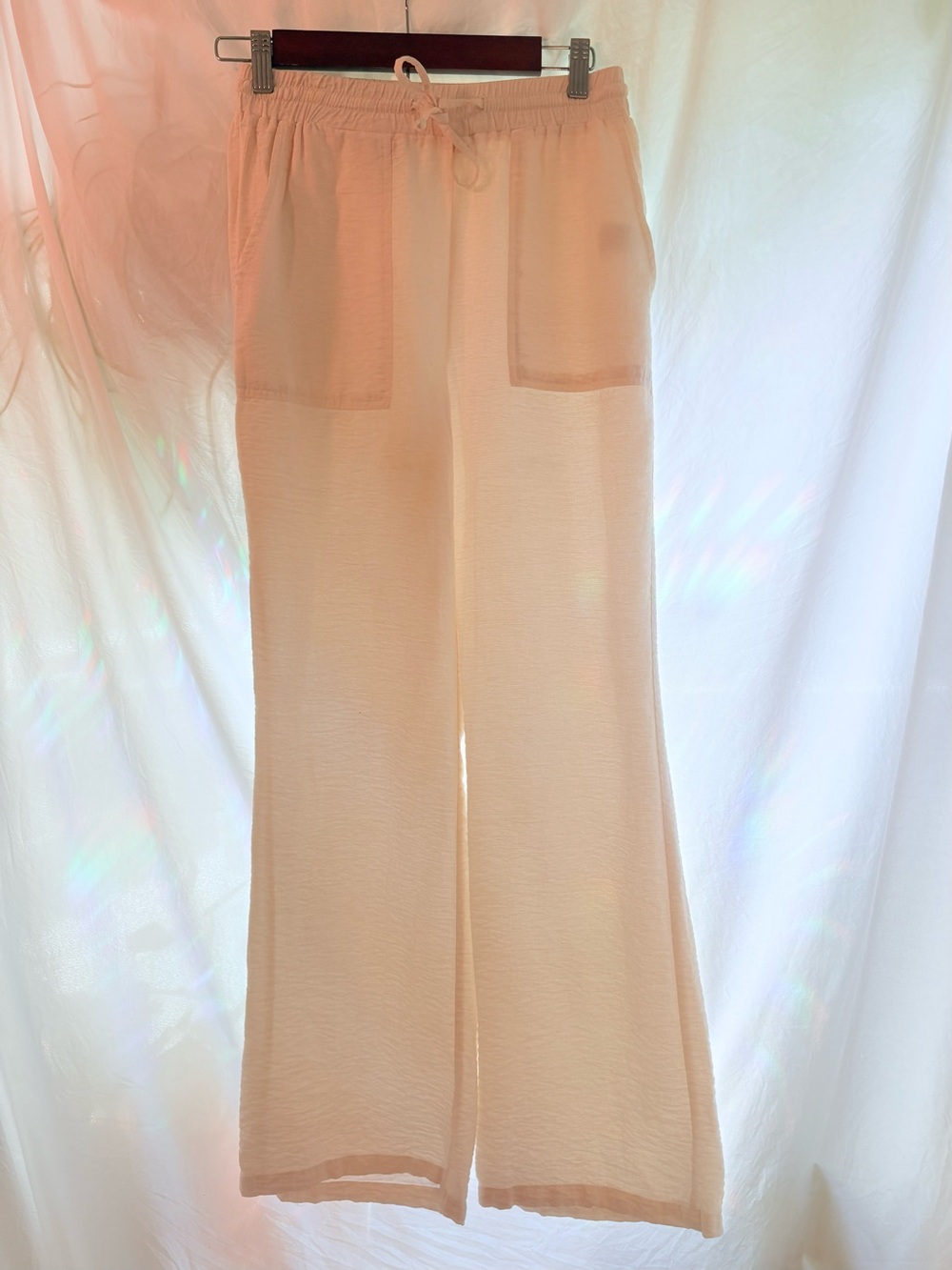 Happily Grey Cream Wide Leg Drawstring Pants Flowy Coastal Resort Size S